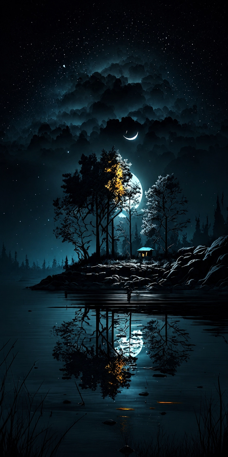 Relaxing Dark Wallpaper for Smartphones INSTANT DOWNLOAD - Download a relaxing dark wallpaper for smartphones in HD and 4K. Beautiful moonlit lake, forest, and starry night background, perfect for AMOLED displays.