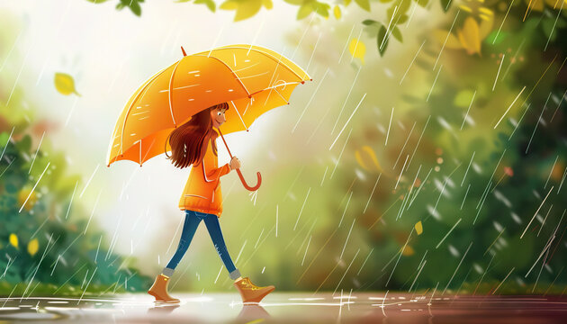 cartoon girl in rain
