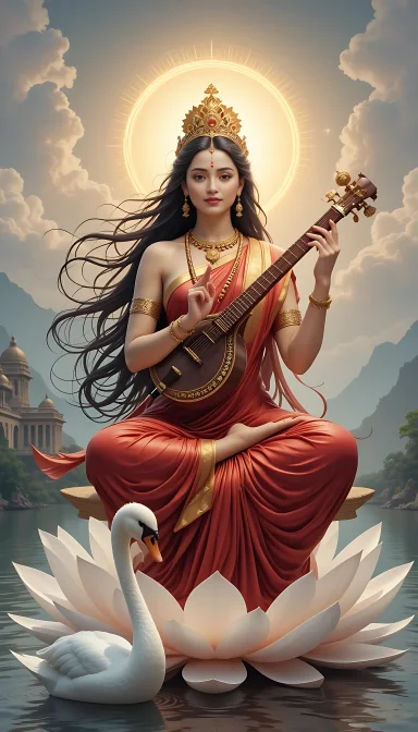 hindu god devi saraswati image - Download high-quality Goddess Saraswati image featuring veena, lotus, and swan – symbol of wisdom, education, music, and arts in Hindu tradition.