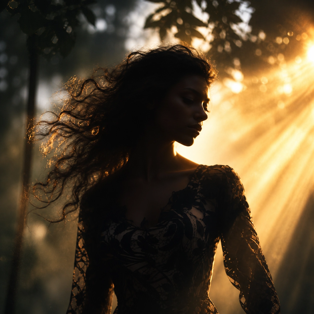 Beautiful woman in forest - Silhouette wallpaper